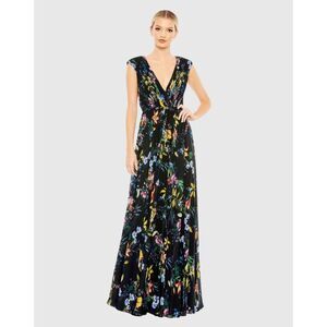 Mac Duggal NWT Pleated Floral Cap Sleeve A-Line Gown in Black Multi Size 18